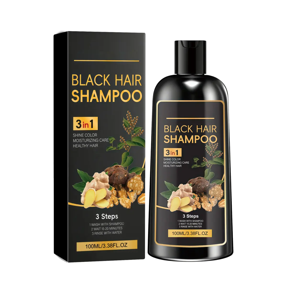 1pc, Herbal Black Hair Color Shampoo, Ginger and Arborvitae Leaf Extract, Easy Home Coloring, Smooth and Hydrated Finish, Color Depositing Shampoo