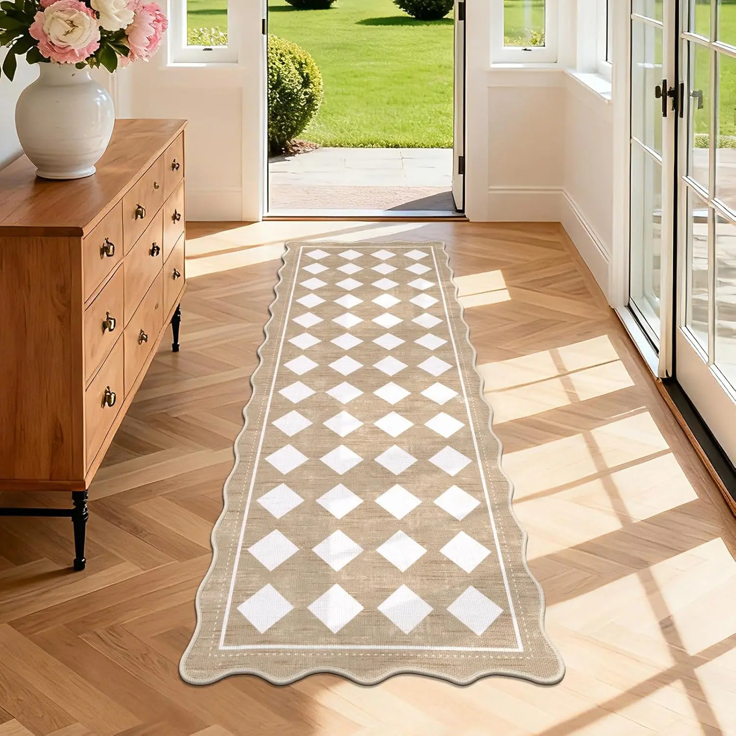 Checkered Hallway Runner Rug 2x6, Non Slip Washable Mat, Beige | Faux Jute Runner Rug, Scalloped Floor Carpet, Low Pile Kitchen Rug For Entryway Indoor Oudoor Laundry Patio Foyer Front Door