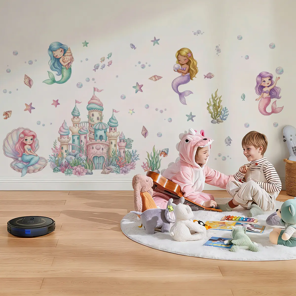 2Pcs Set (3090cm2pcs) Watercolor Mermaid Castle Self-Adhesive Wall Decals, Seaweed Shell Starfish Stickers for Girls Kids Bedroom Wall Decor