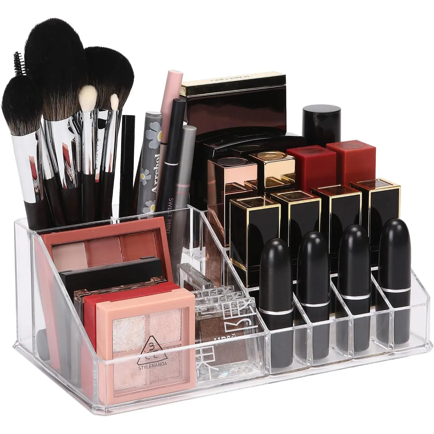 Stackable Clear  16-Slot Lipstick Organizer for  | Makeup Storage Box,  Display Case, Holder for Lippie, Gloss, Brush, Eye Liner, Eyebrow Pencil,  Polish,