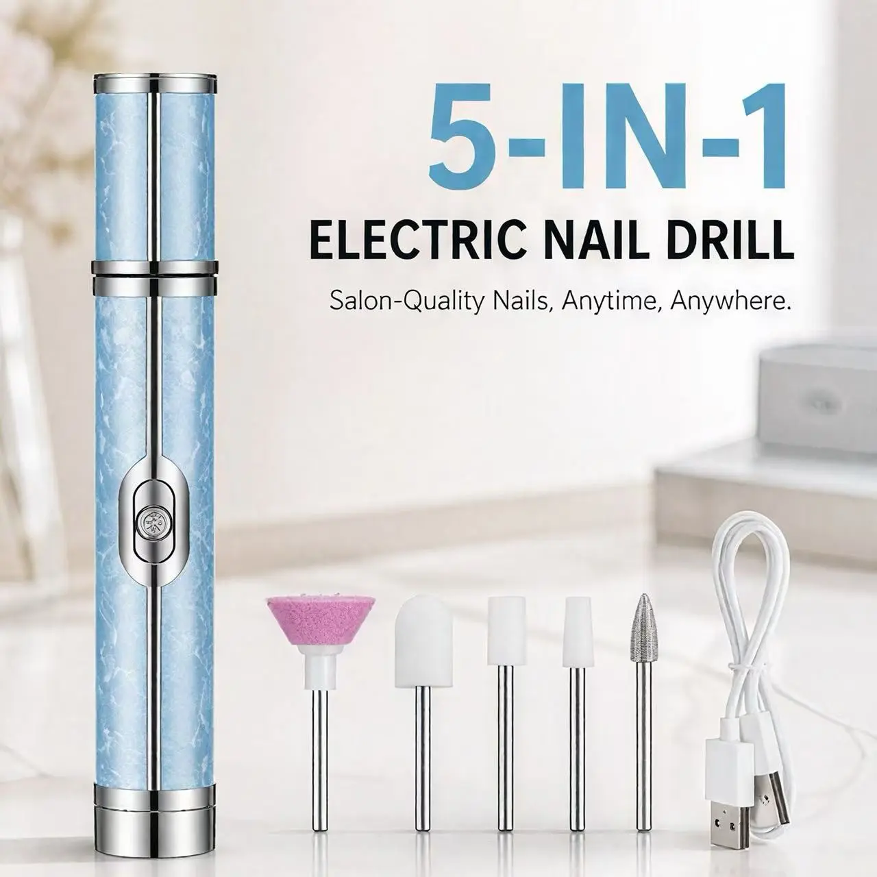 Rechargeable Electric Nail Drill, 5-In-1 Portable Nail File Set, Wireless Professional Nail Polisher, 20000 Rpm Acrylic Gel Nail Grinder, Home Use