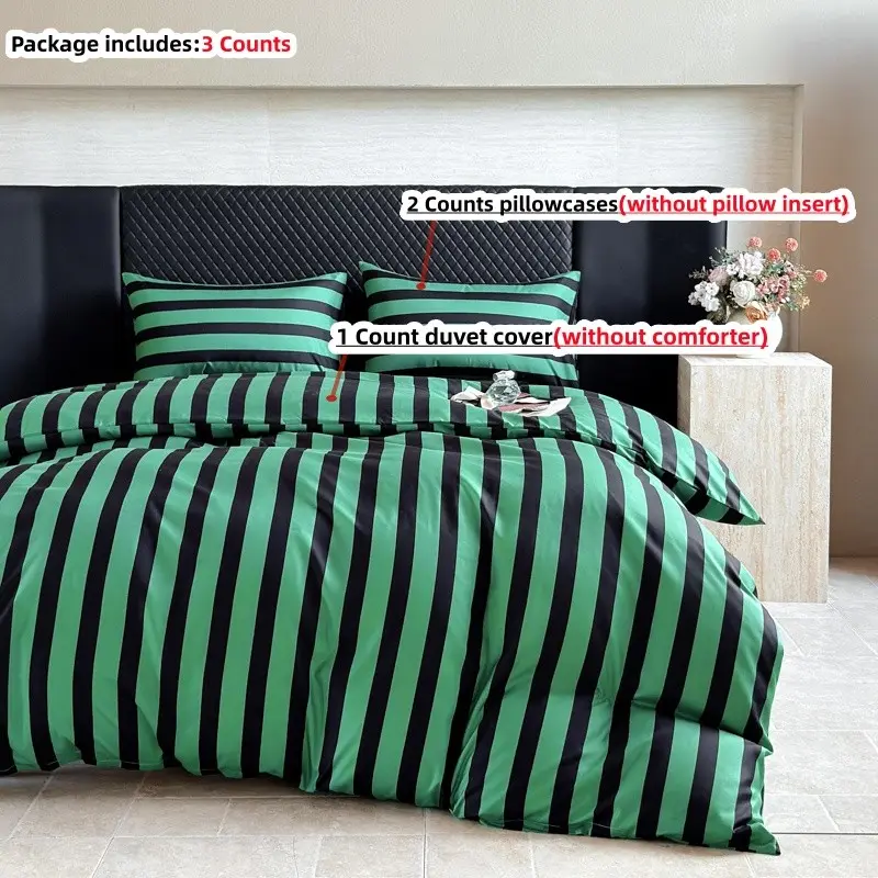 3pcs Striped Comfy Bedding Set, Includes 1 Duvet Cover + 2 Pillowcases, without any filling,100% Polyester, All Seasons