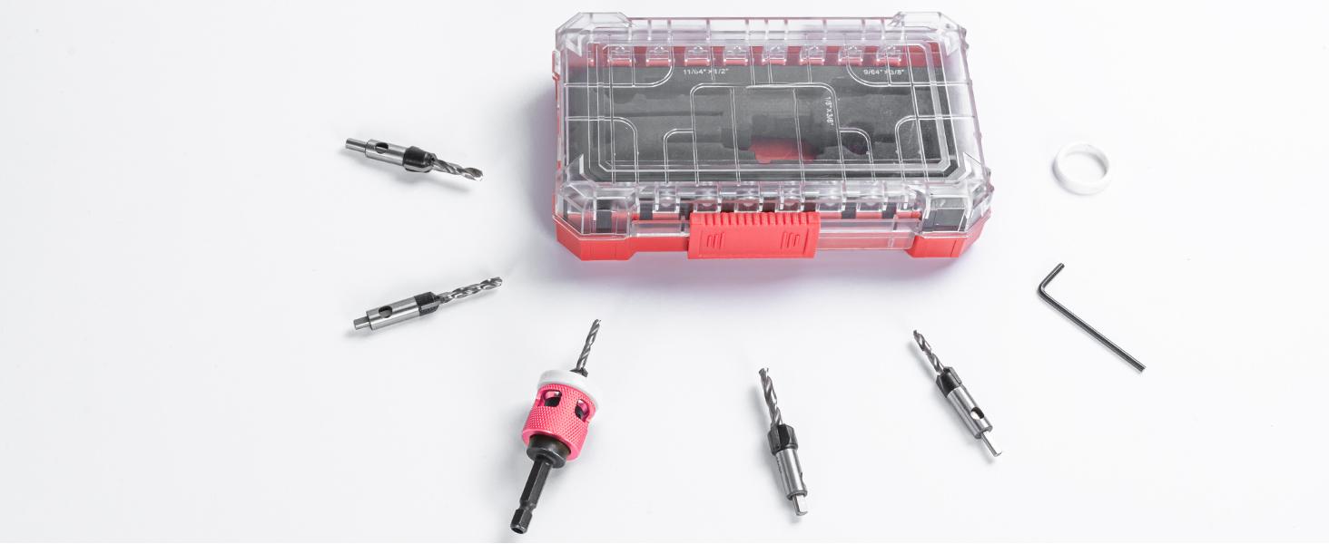5 Pcs HSS M2 Countersink Drill Bit Set with Low Friction Depth Stop, Tapered Head 1/8" 9/64" 5/32" Drill + 3/8" 82° Counter-Bore, 11/64" 3/16" Drill + 1/2" 82° Counter Bore, 1/4" Hex Shank (Red)