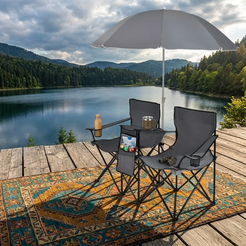 Heavy-Duty Double Folding 2-Person Outdoor Picnic Chair with Detachable Umbrella, Side Table, Cooler Bag, Sun Protection for Beach, Camping, Lawn (Turquoise, Black, Red, Gray)