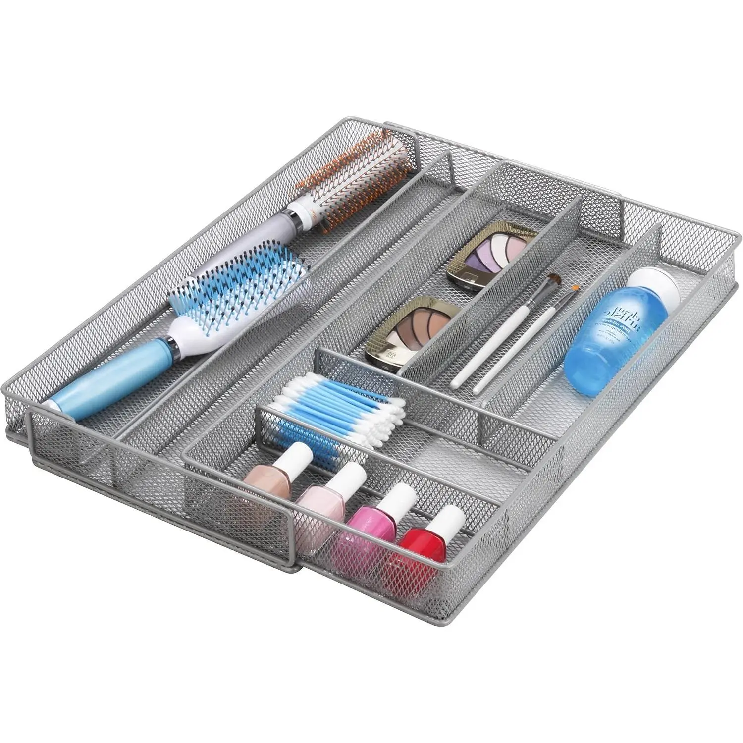 Expandable Steel Mesh Drawer Organizer, 7 Compartments, Silver, Adjustable 11.5 to 20 Inches Wide