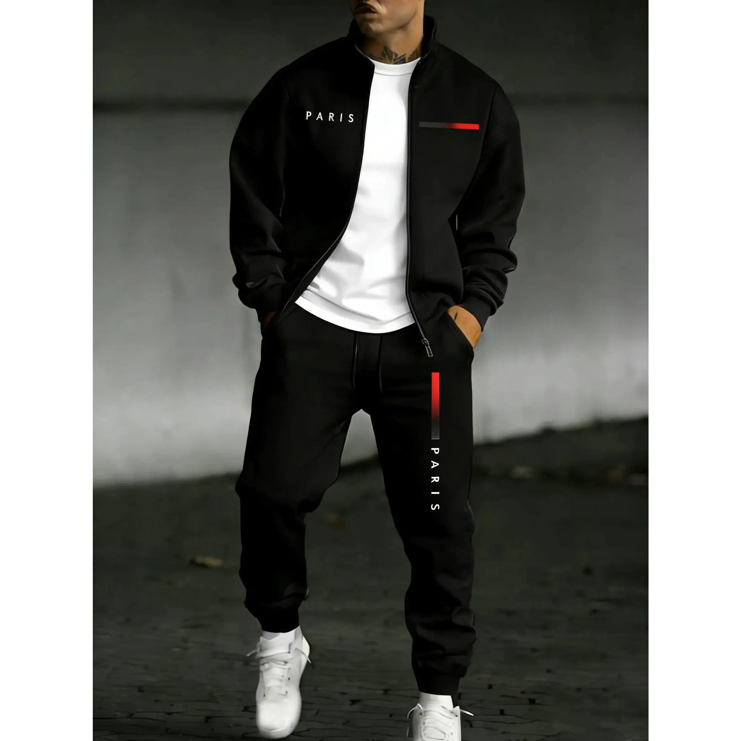 Men's Streetwear Tracksuit 2-Piece Set with PARIS Letter Print, Zip-Up Jacket and Jogger Pants