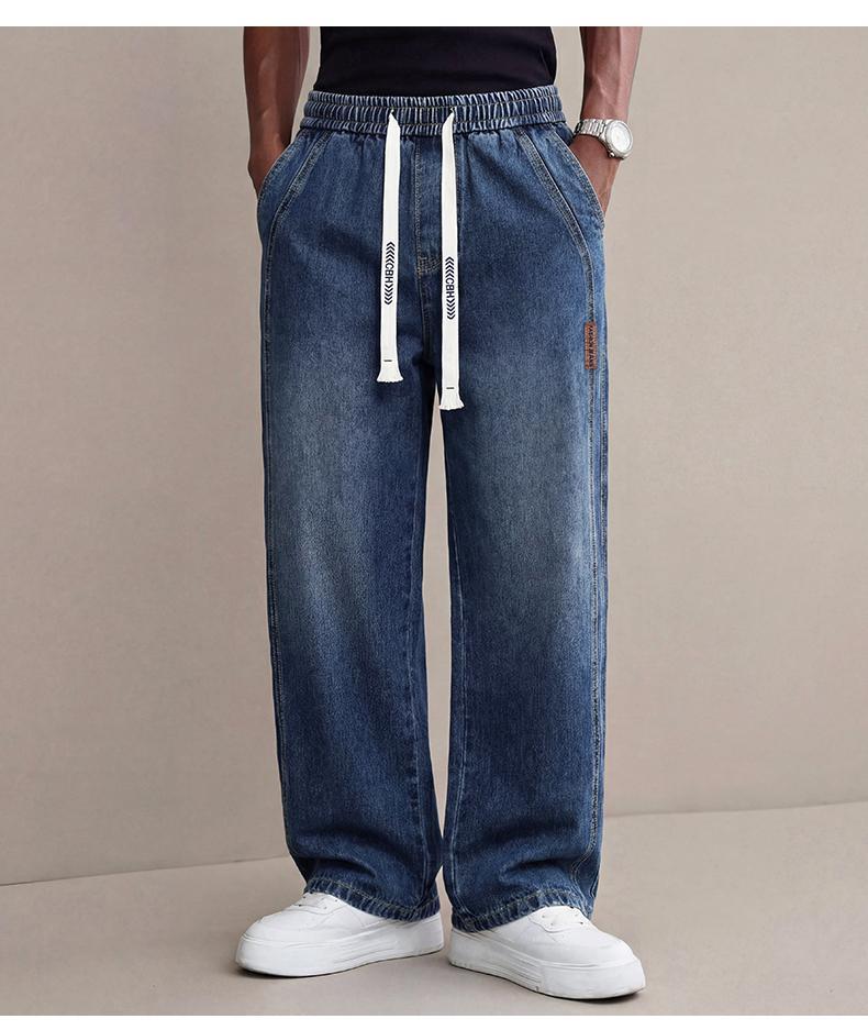 Men’s Stretch Denim Jeans — Vintage Washed Straight-Leg Fit, Drawstring Design for Easy Pulling On and Versatile Casual Wear; Regular-Season Everyday Long Pants