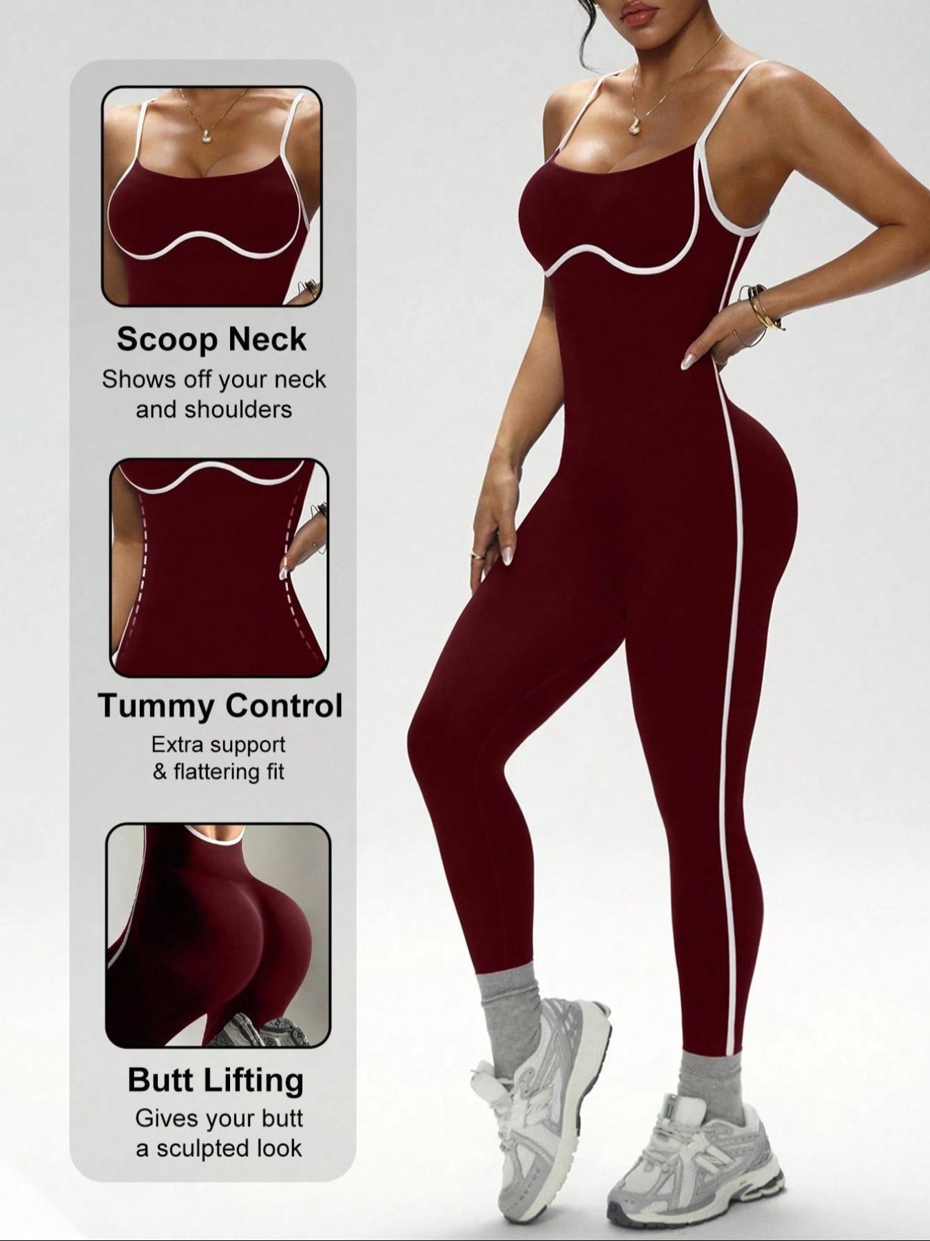 Women's Colorblock Square Neck High Elastic Yoga Bodysuit, Seamless Breathable Backless Outdoor Running Fitness Slimming Jumpsuit, Sportswear Jumpsuits