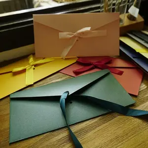 50 Colorful High-End Business Envelopes with Ribbon Bow, Wedding Thanksgiving Christmas Party Invitations, 22 X 11cm