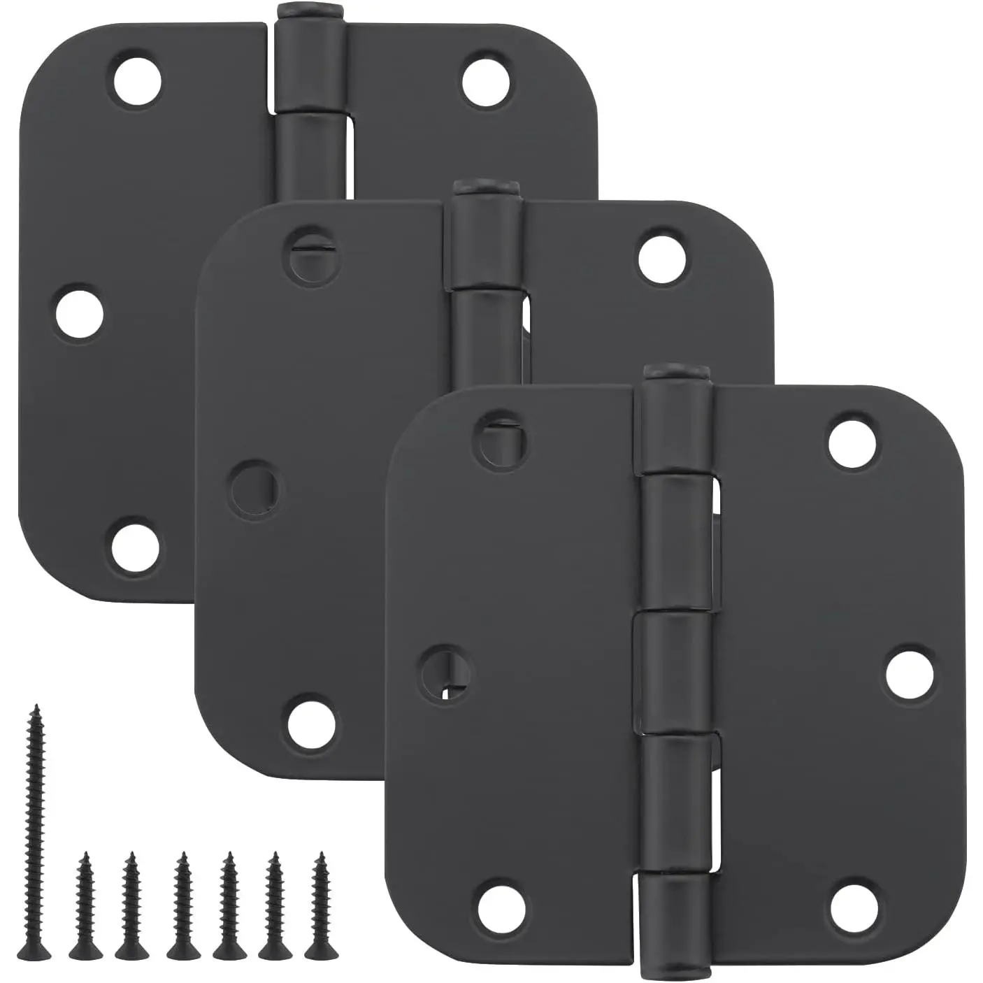 3 Pack Rounded Matte Black Door Hinges, 3.5 Inch Interior Door Hinges, 5/8" Radius Corners Residential Bedroom Door Hinge for Office/Bedroom/Study Living Room
