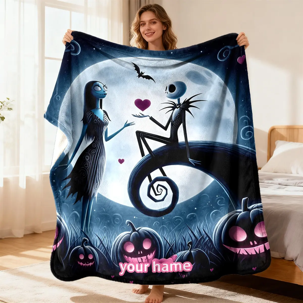 Custom Name Jack & Sally Giant Full Moon Pink Heart Pumpkin Print Fleece Throw Blanket All Season Gothic Sofa Bed Cover Personalized Halloween Love Gift For Nightmare Before Christmas Fans