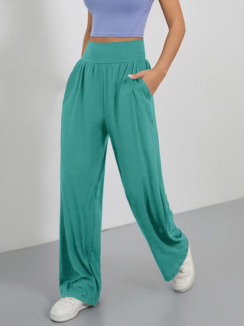 Women's Plain Pocket High Waist Joggers, Casual Comfy Wide Leg Trousers For Outdoor Sports, Airport Outfit，Women's Sport & Outdoor Lounge Outfit Clothing For All Seasons, Wide Leg Sweatpants