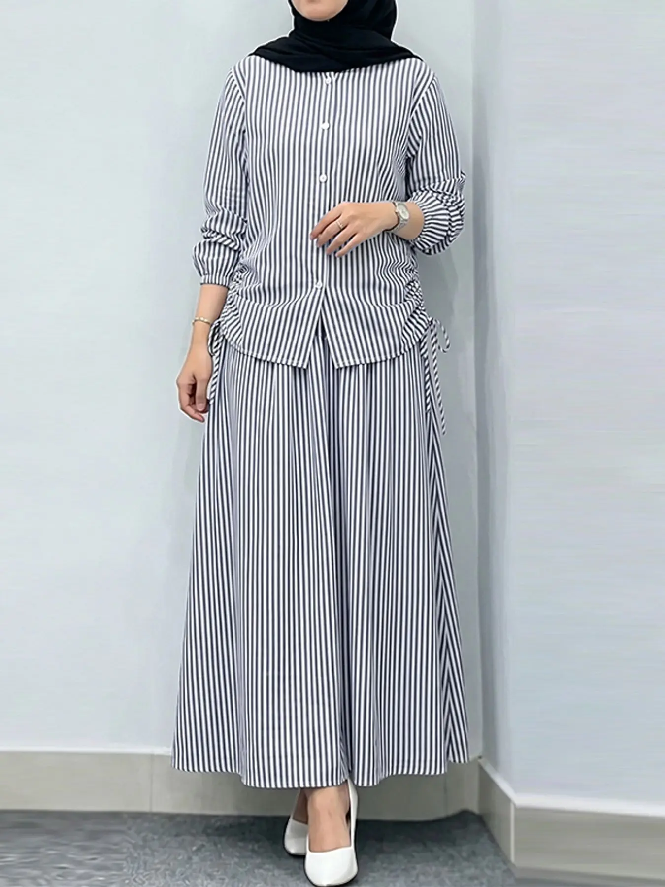 Women's Striped Round Neck Loose Long Sleeve Shirt + Elastic Waist Striped Matching Skirt Set, Casual Two-Piece for Spring & Fall, Fashion Muslim Islamic Clothing Set