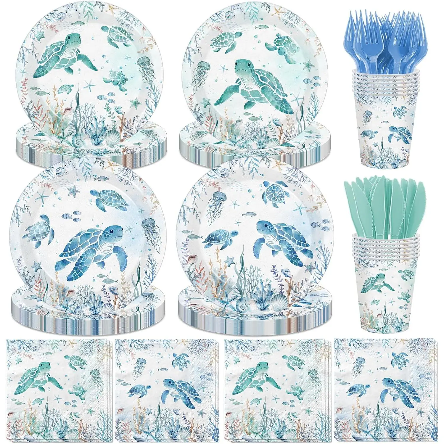 Green and Blue Sea Turtle Plates and Napkins Sets Under the Sea Party Decorations, Ocean Themed Party Decorations Turtle Birthday Tableware for Underwater Beach Pool Party Baby Shower, Serve 24