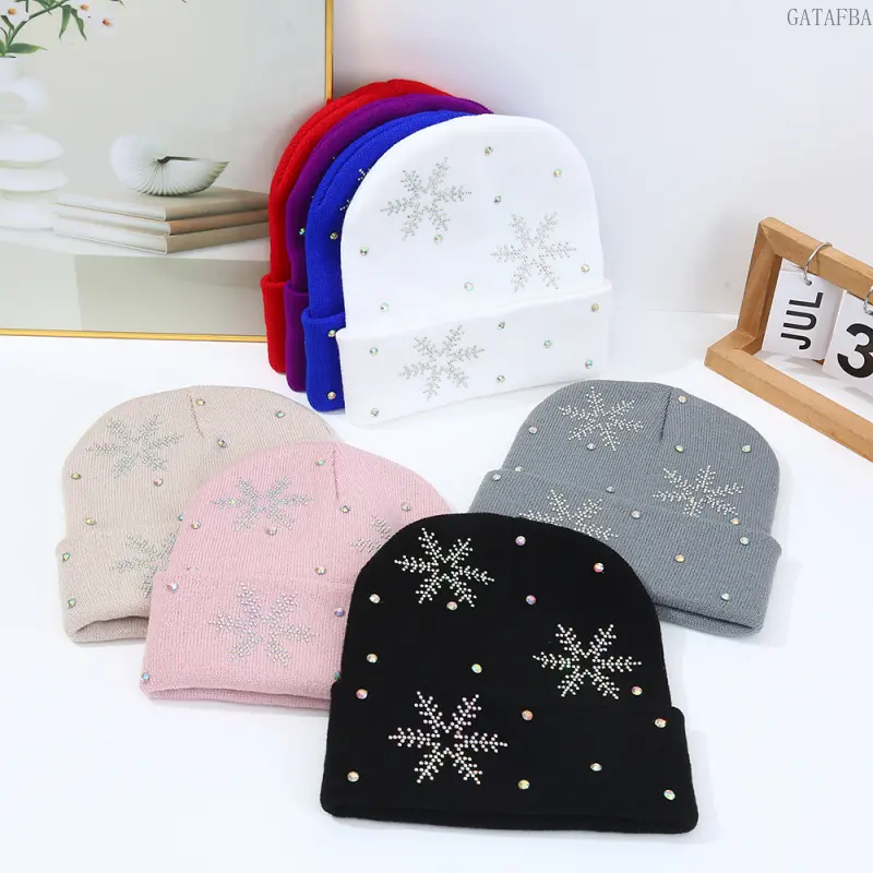Rhinestone Snowflake Knit Beanie, Warm Winter Unisex Knitted Hat