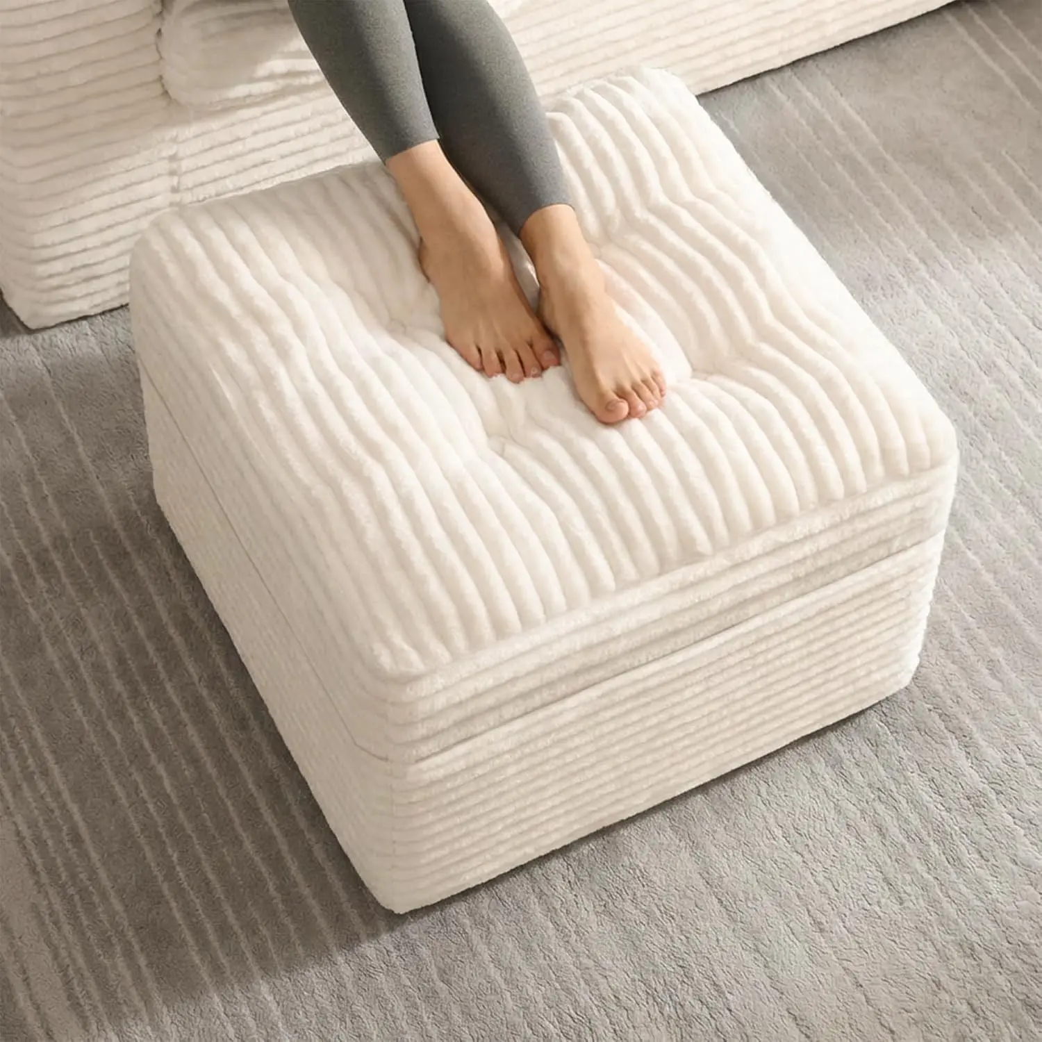 23.6in Pouf Ottoman, Corduroy Ottoman Foot Rest with Dual-Layer Support, Large Poofy Pouf with Soft Chunk-Foam Top & Firm Foam Base, Floor Foot Stool for Living Room, Beige