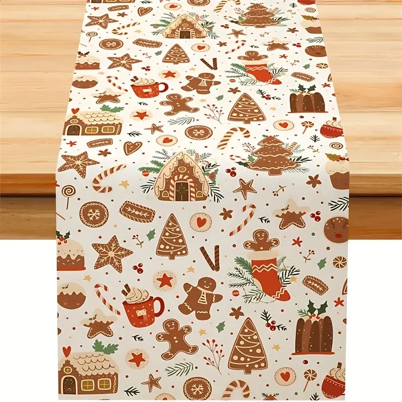Christmas Table Runner with Gingerbread Man, Pine Branches, Holly Leaves, Berries, Candy Cane, Kitchen Dining Room Holiday Decor