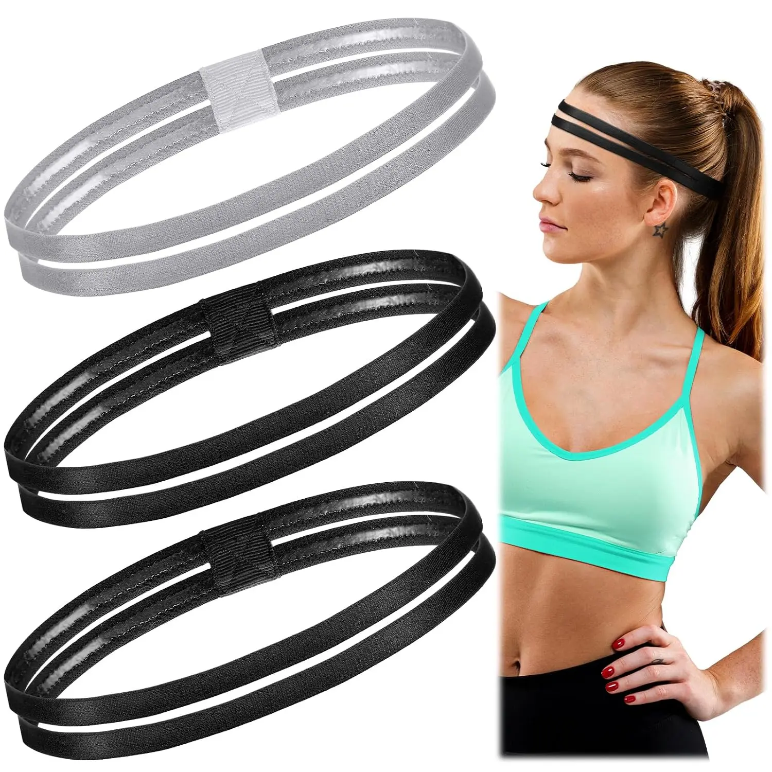 3 count Double-Straps  Headbands Elastic Hairband Non-Slip Sweatband for Women or Men (Black,Grey)