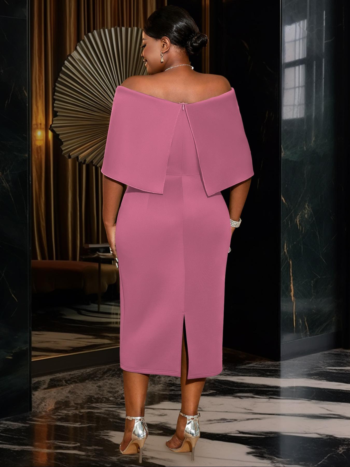 【Plus Size】 Ruched Off The Shoulder Split Hem Evening Dress Formal Wear, Elegant Zipper Back Dress for Party & Banquet, Women's Clothes for All Seasons, Womenswear, Gown Elegance