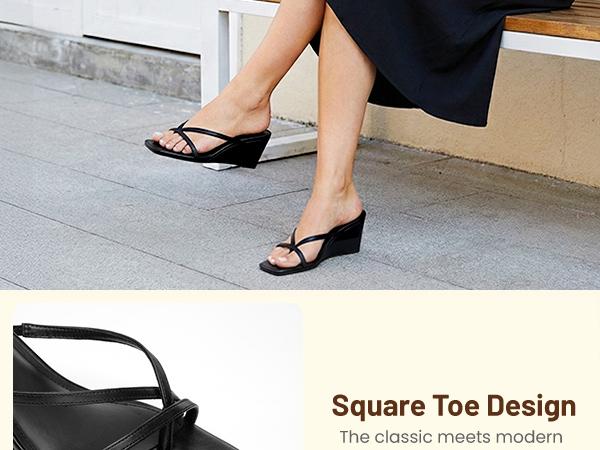 Athlefit Women's Dressy Summer Wedge Sandals Slip On Casual Strappy Thong Slides Cute Square Open Toe Flip Flop Heels