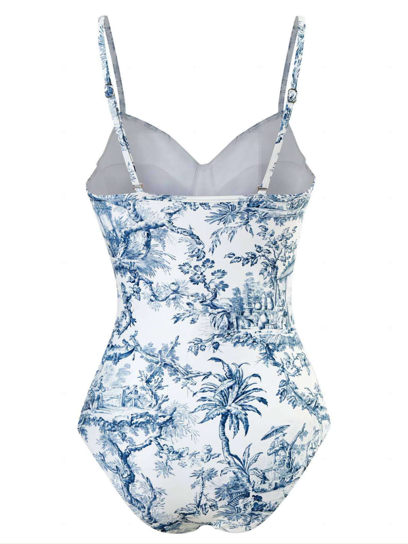 Women's Plants Print Cami Bodysuit & Contrast Mesh Skirt Set, Summer Clothes Women Elegant Spaghetti Backless Camisole & High Waist Knot Detail Skirt, Valentine's Day Gift