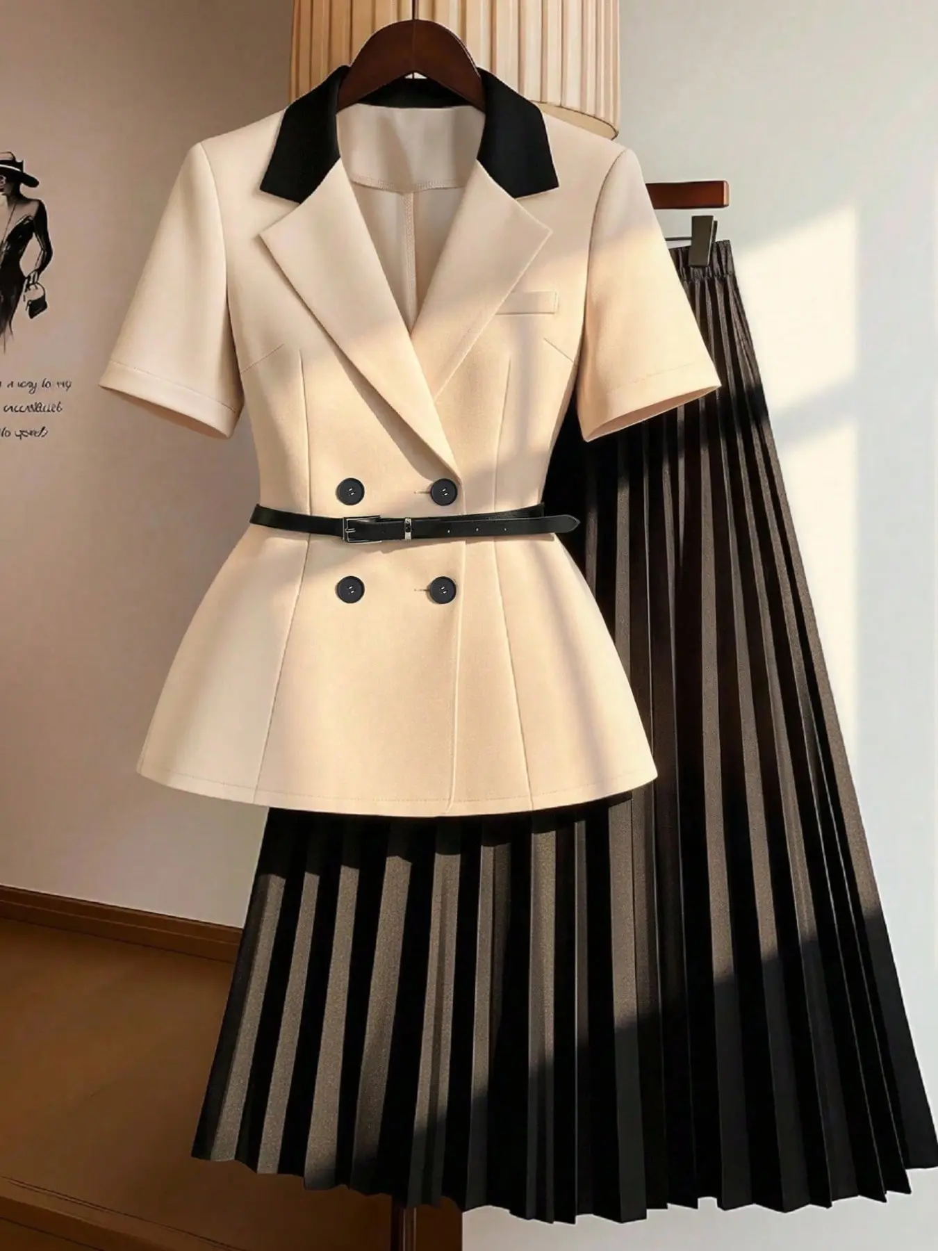 Plus Size Colorblock Lapel Short Sleeve Blazer and Pleated Long Skirt Set, Lightweight Chic Style, Women's Office Party Interview