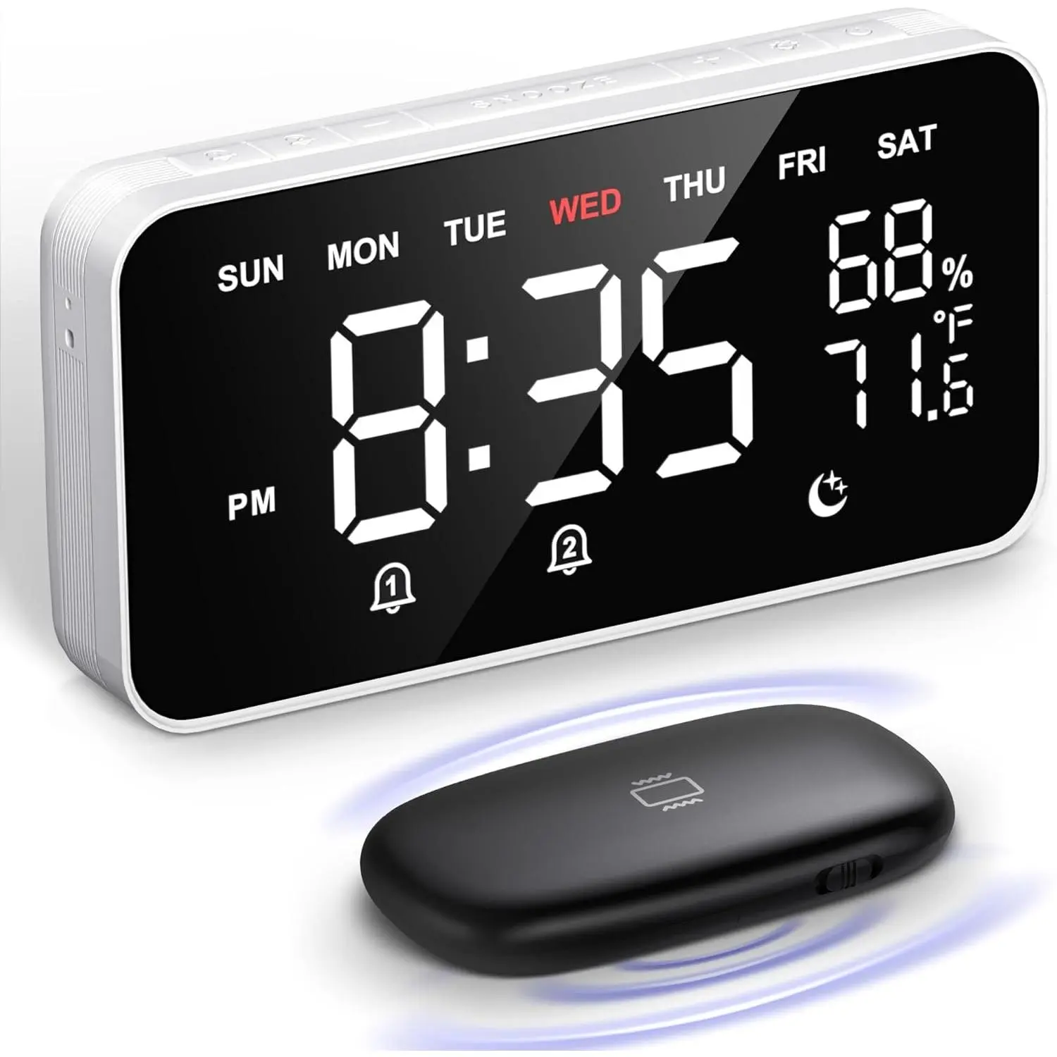 Dekala Corded Vibrating Bed Shaker Alarm Clock for Heavy Sleepers Adults - Loud, Dimmable Large Display, Temperature & Humidity Detect, 7-Day Programmable, Tabletop Bedroom Clock for Wake Up, Ideal Gift, Vibrates, With Sensor, Room Decor