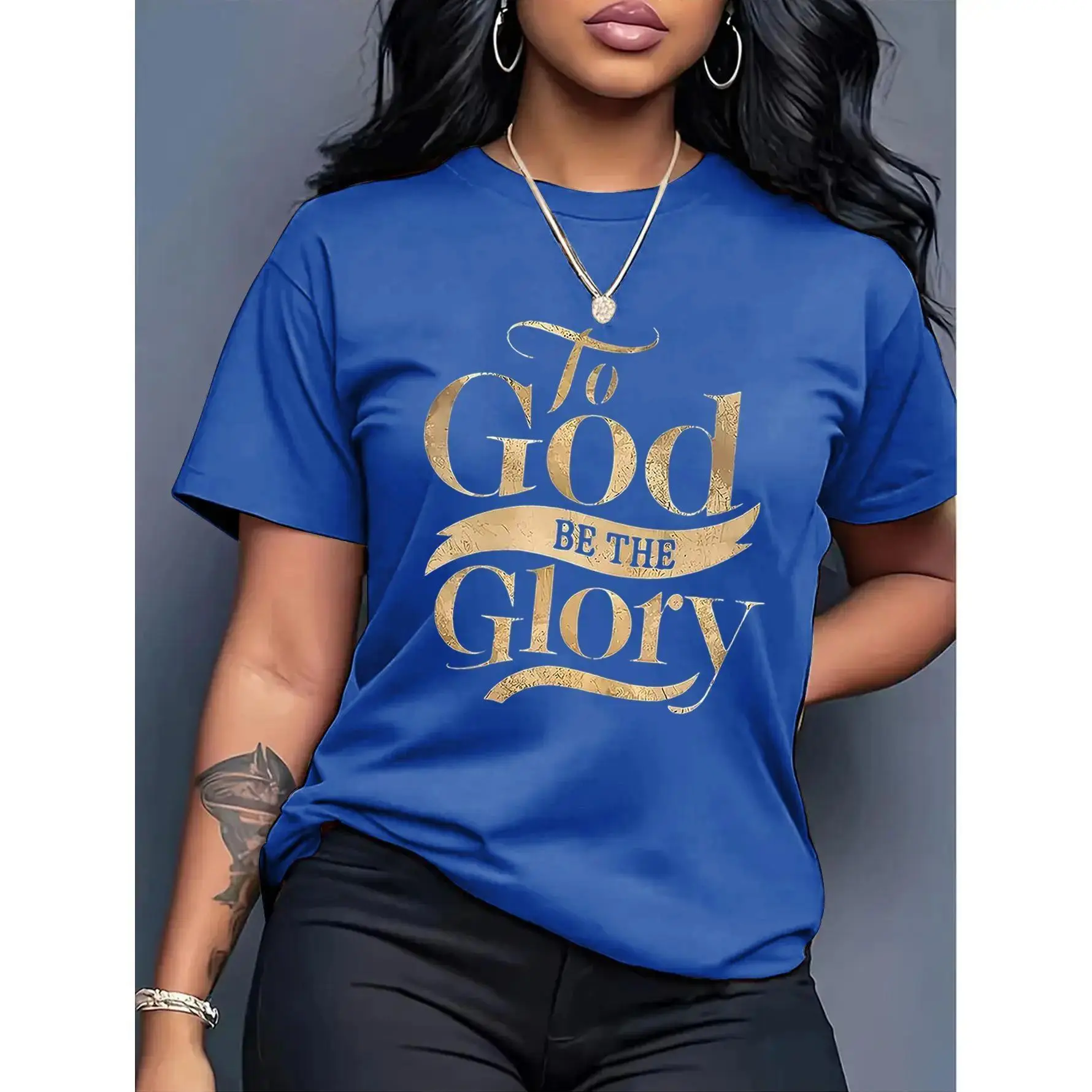 Women's 100% Cotton Fitted Short Sleeve "To God Be The Glory" Gold Foil Graphic Tee, Casual Religious Clothes with Inspirational Bible Verse, for Church & Daily Devotions