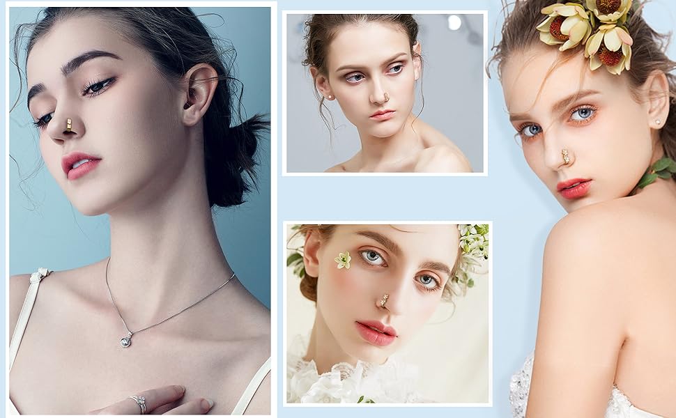 Sanfenly 8Pcs 18G Nose Ring Studs Surgical Steel CZ Heart Butterfly Flower Nose Rings L Shaped Nostrial Piercing Jewelry for Women Men Sliver Gold Rose Gold