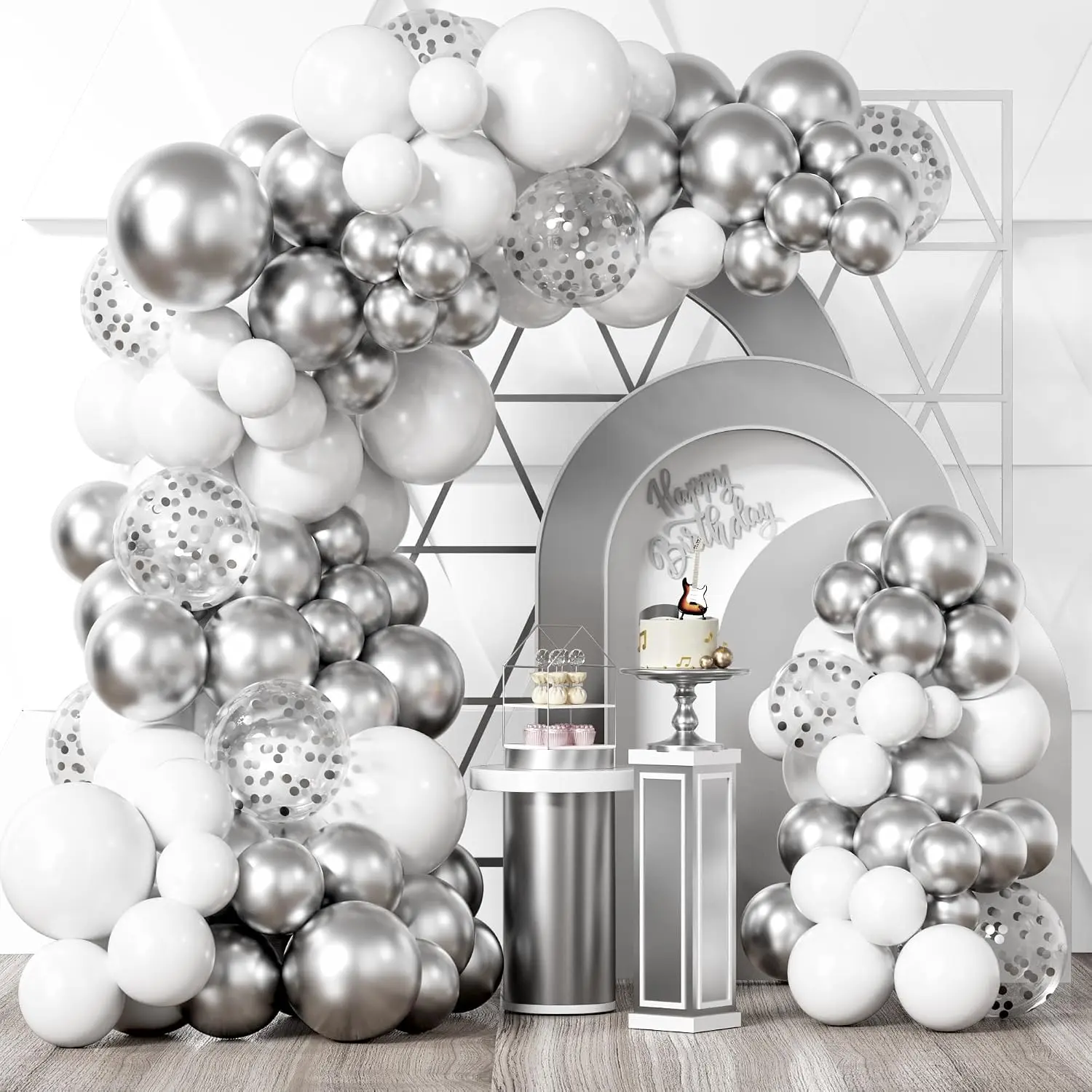 White  Balloon Garland Kit,100Pcs White  Metallic Chrome and  Confetti Balloons with Balloon Tape for Winter Wonderland Wedding Prom Special Events Party Winter Decor