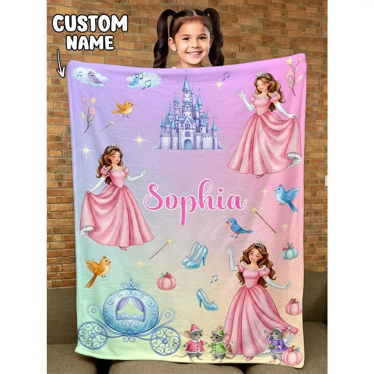 Cartoon princess castle, customizable text blanket, suitable for all seasons, sofas, beds, travel, offices, etc.