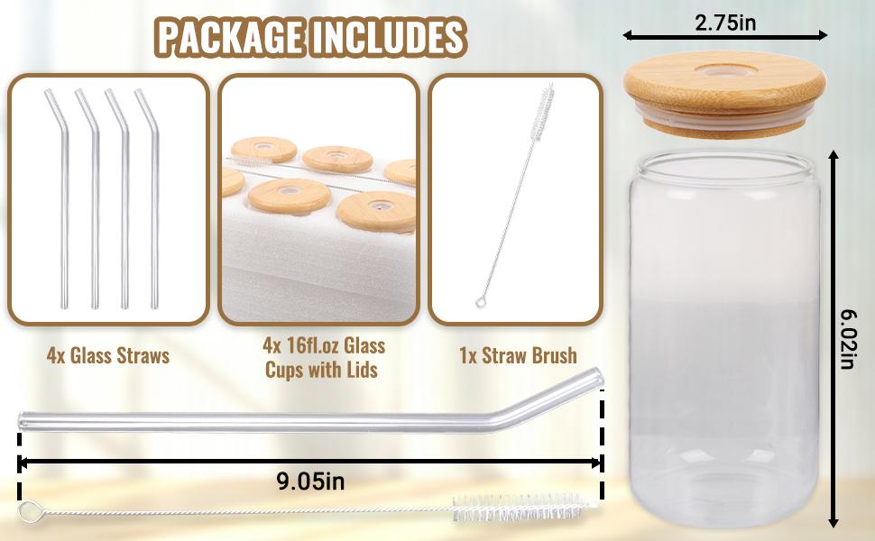 Borosilicate Glass Cups with Lids and Straws, 16 oz Reusable Tumbler Set (4-Pack) Includes Bamboo Lids, Glass Straws & Brush for Iced Coffee, Bubble Tea, Cold Beer, Juice