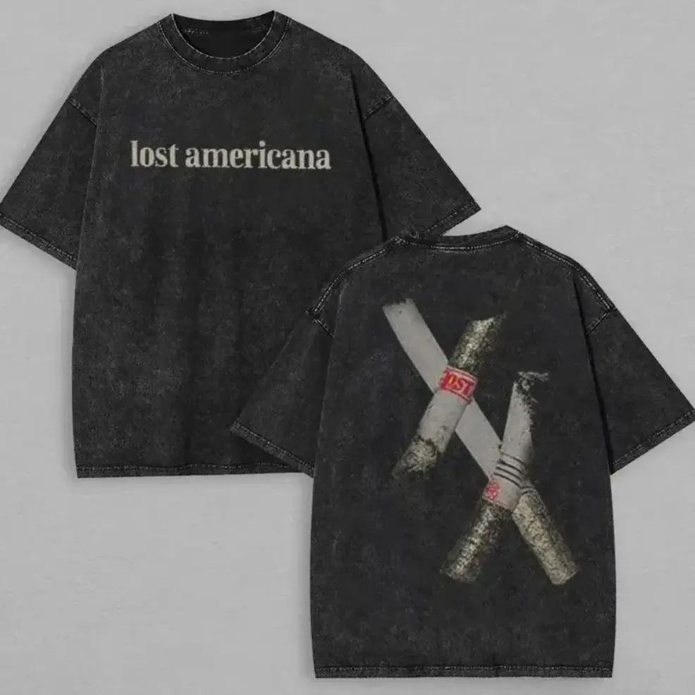 Unisex Loose‑fit Black Washed Lost Americana Graphic T‑Shirt, Vintage Distressed Short‑Sleeve Crew Neck Cotton Top with Cross‑Printed Lost Americana Lettering, Casual Streetwear for Daily Wear Weekend Trip Holiday Outfit Ideal for Fans of Grunge, Dark and