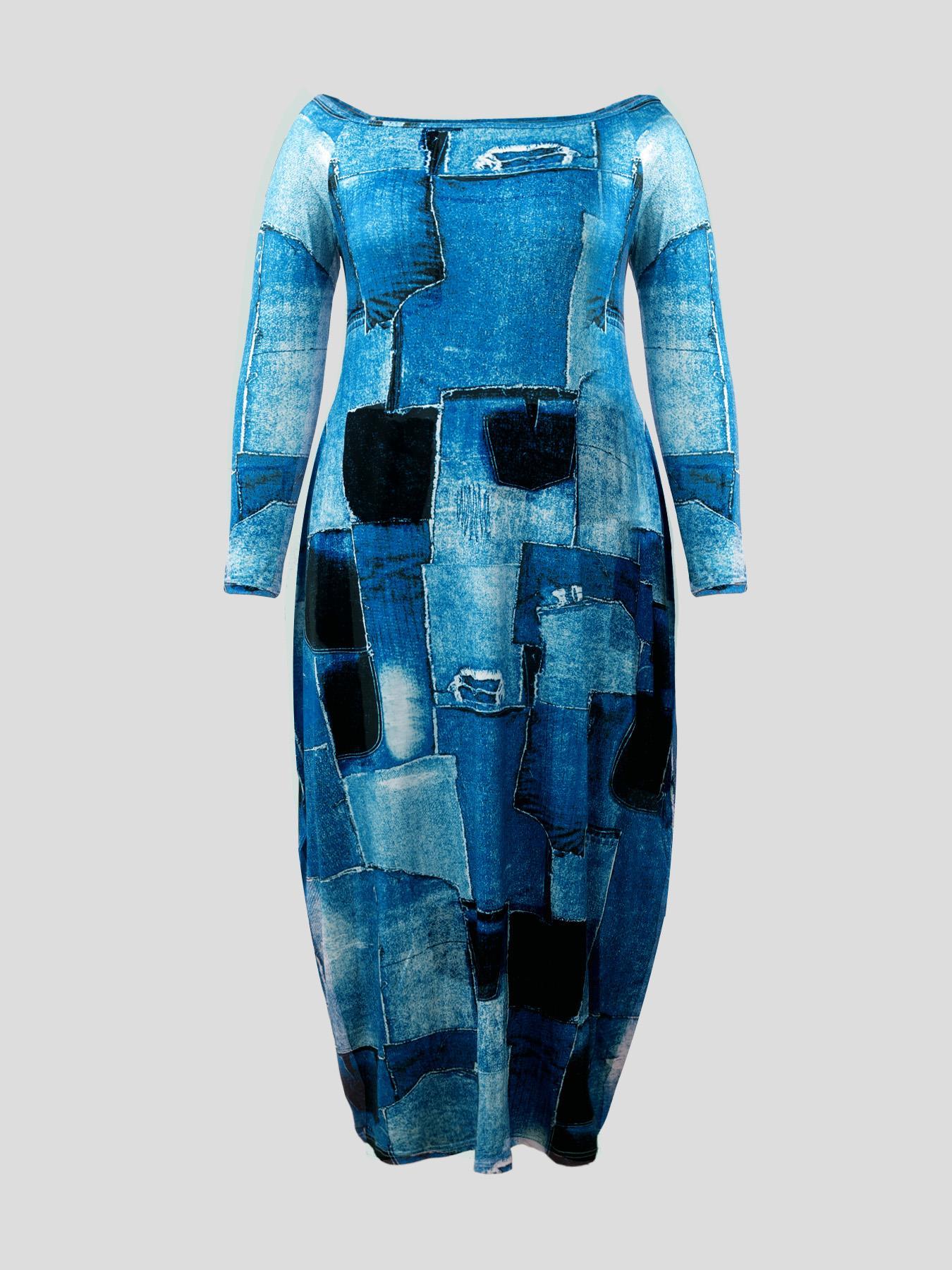 【Plus Size】 Casual Boho Elegant All Over Print Pocket Off Shoulder Dress Long Sleeve Long Dress for Spring & Fall, Women's Clothes for Daily Wear