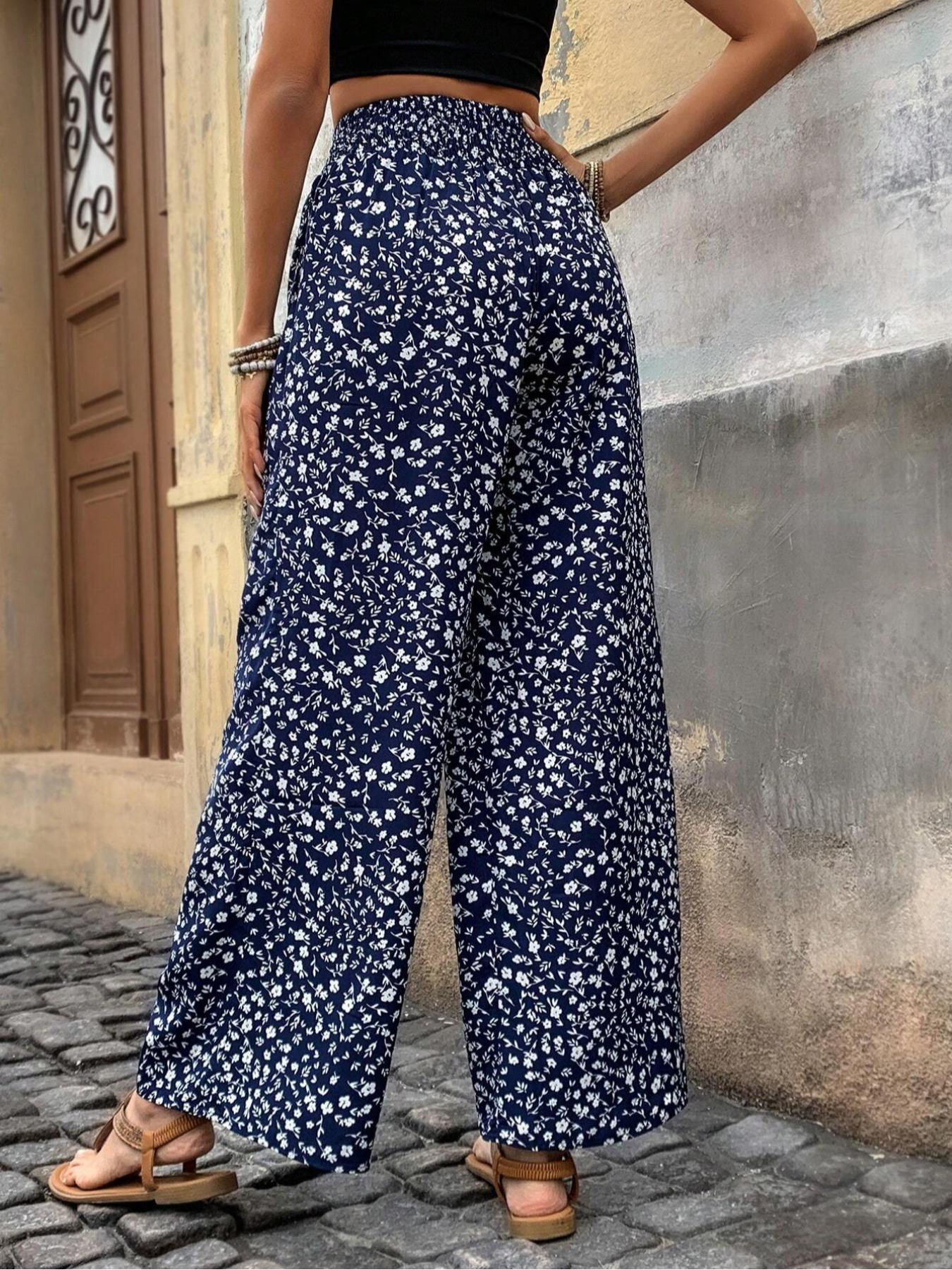 Plus Size Ditsy Floral Print Shirred Tie Front Wide Leg Pants, Boho High Waist Trousers for Beach Vacation Holiday, Women's Bottoms for Summer