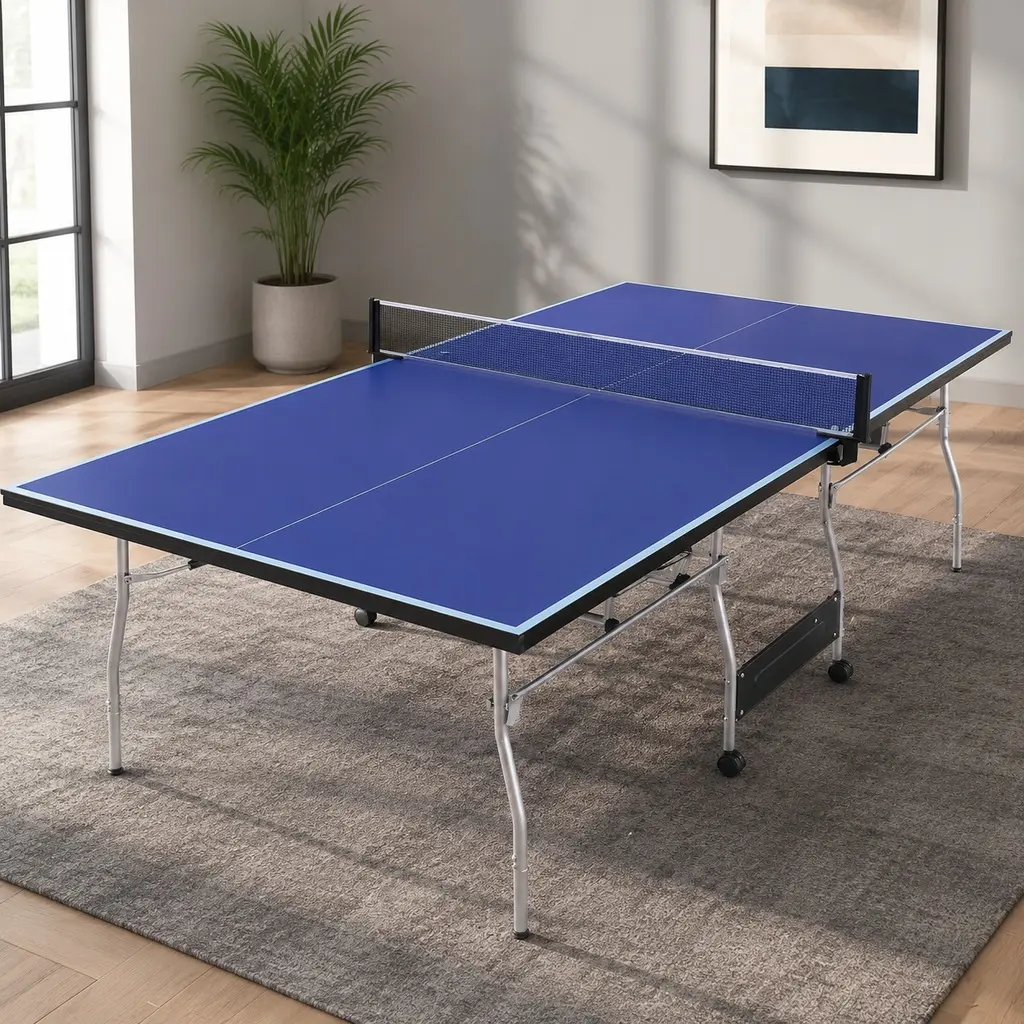8x4.5ft Mid-Size Table Tennis Table Foldable Ping Pong Table Set with Net, 2 Paddles, 3 Balls, Indoor Game, 96x54x30 Inches, Aluminum Frame, Free Shipping