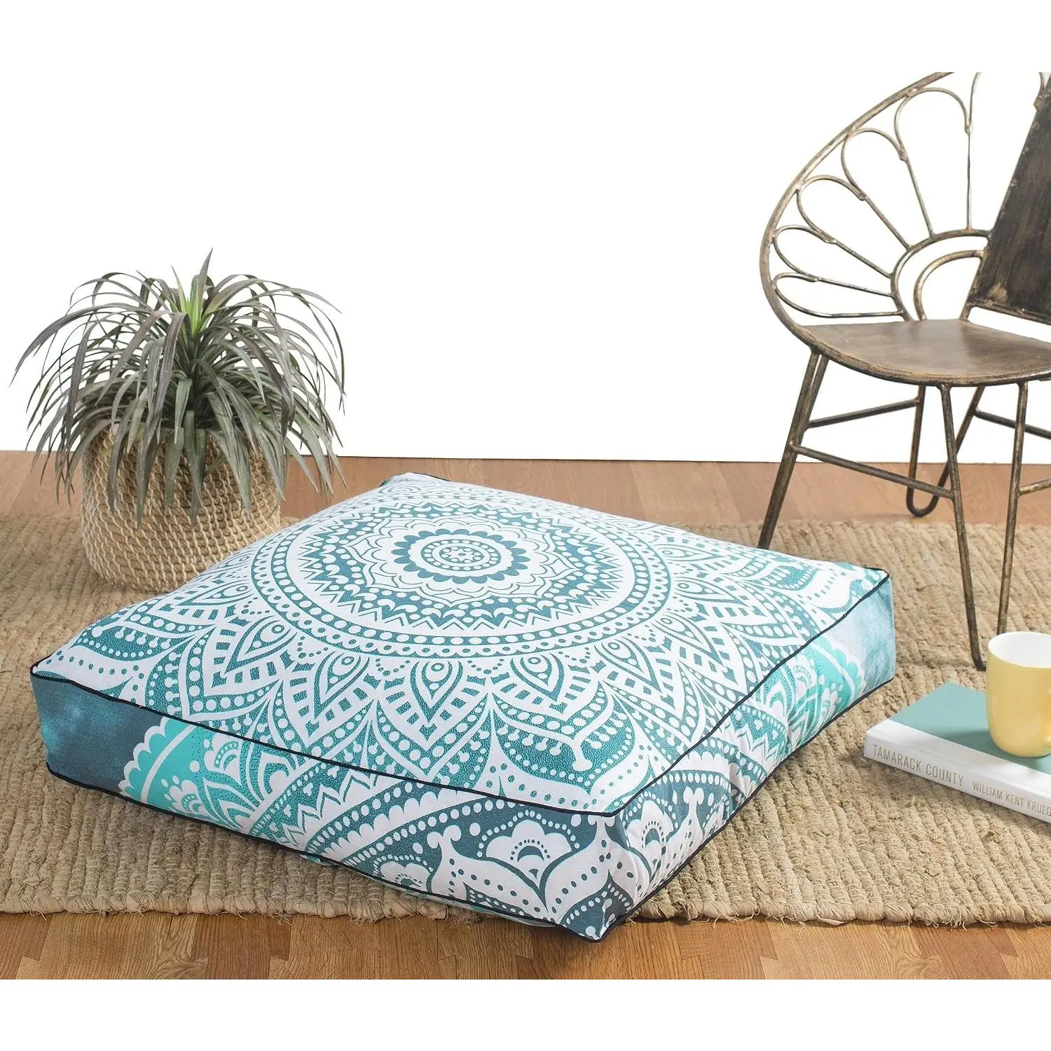 Popular Handicrafts Floor Pillow Cushion Cover - Hippie Mandala Square Ottoman Pouf Cover Indian Ombre Daybed Cotton Cushion Cover with Heavy Duty Zipper - Dog-Pets Bed, 22" Green Grey