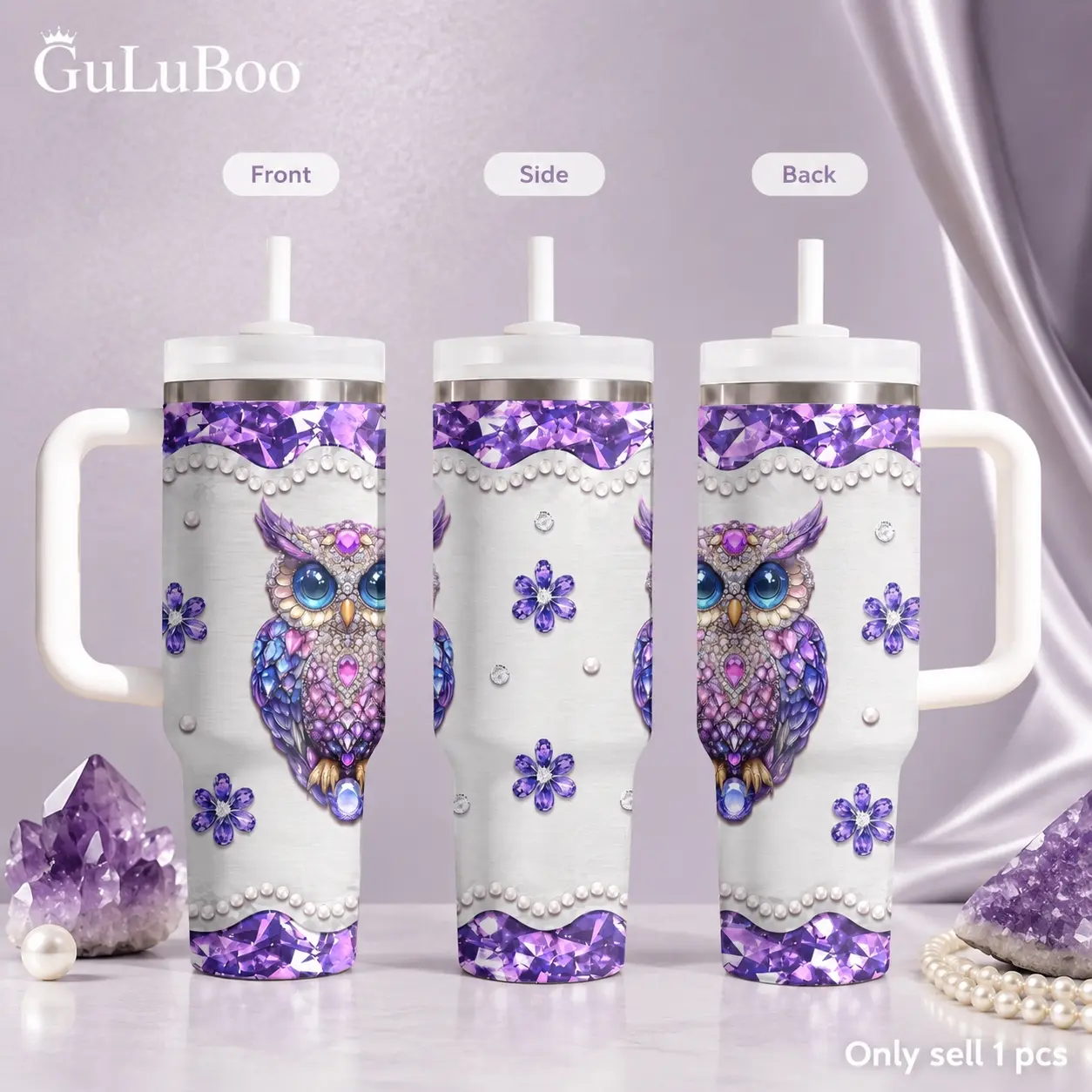 Gem Owl Motivational Prints Vacuum Flasks 40oz Stainless Steel Tumbler with Handle & Straw – Vacuum Insulated Travel Mug, Keeps Drinks Cold Up to 24H, Leak-Resistant Cup for Iced Coffee, Water, Gym, Office & Travel