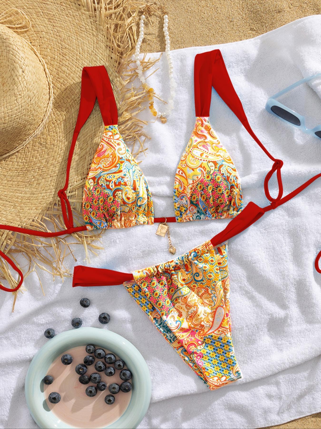 Women's Patchwork Print Bikini Set, Casual Adjustable Strap Tie Back Swim Top & Swim Bottom, Women's Swimsuit for Summer Beach Holiday Vacation, Patchwork Bikini Sets