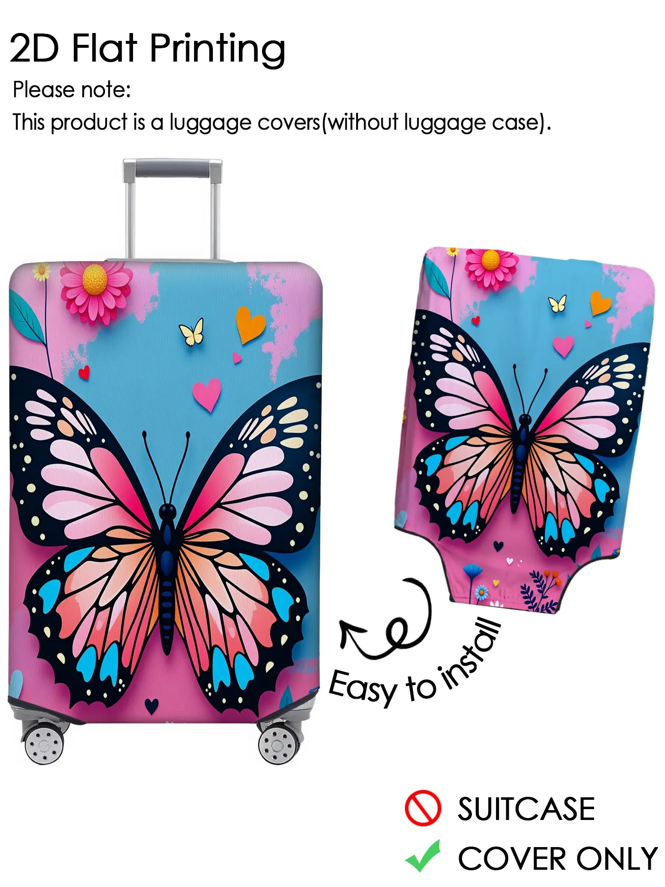 Pink and blue three-dimensional butterfly flower luggage cover, luggage dust cover, elastic fabric, personalized pattern not easily confused, suitable for 18-32 inch luggage, essential travel accessories