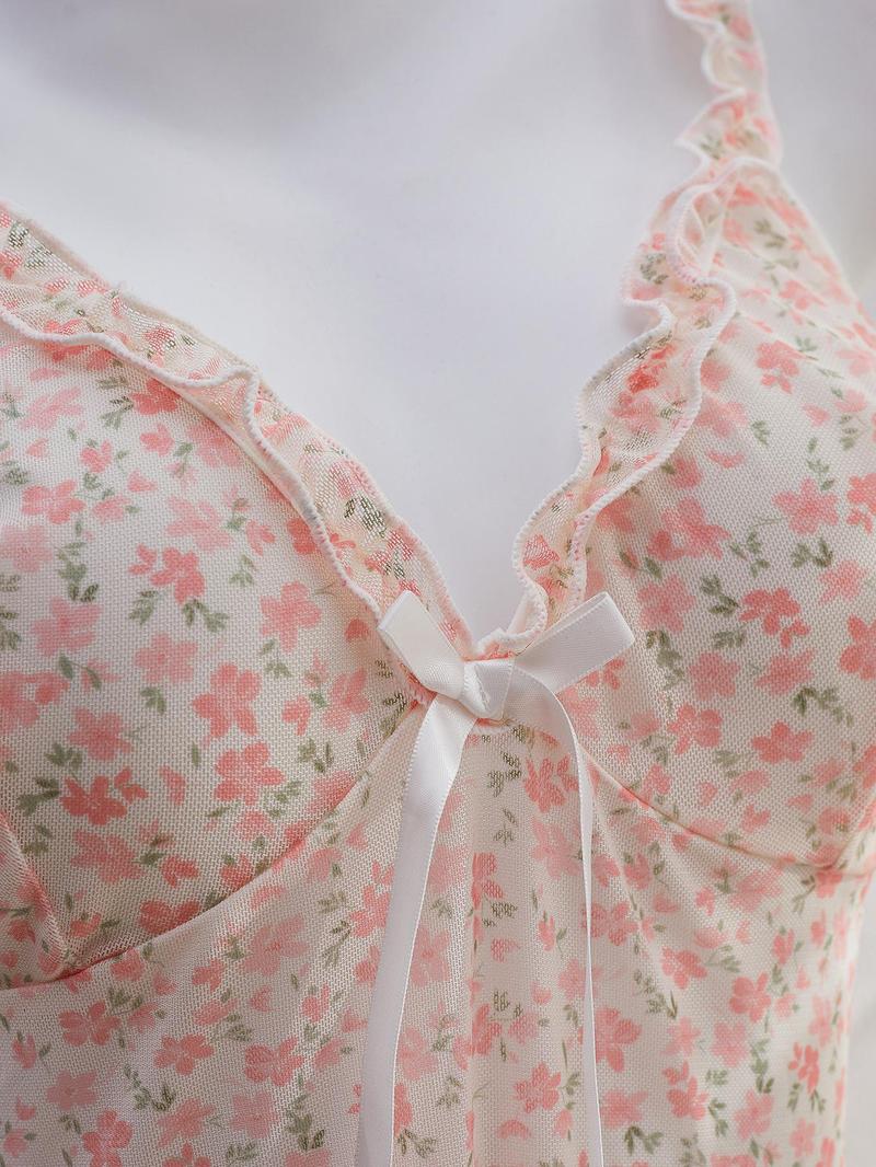 Women's Ditsy Floral Print Bow Decor Frill Trim Mesh V Neck Cami Nightdress & Thong Sexy Sleepwear Two-Piece Set, Romantic Fashion Adjustable Strap Tie Back Backless Ruffle Hem Nightgown & Panty, Women's Sleepwear for All Seasons