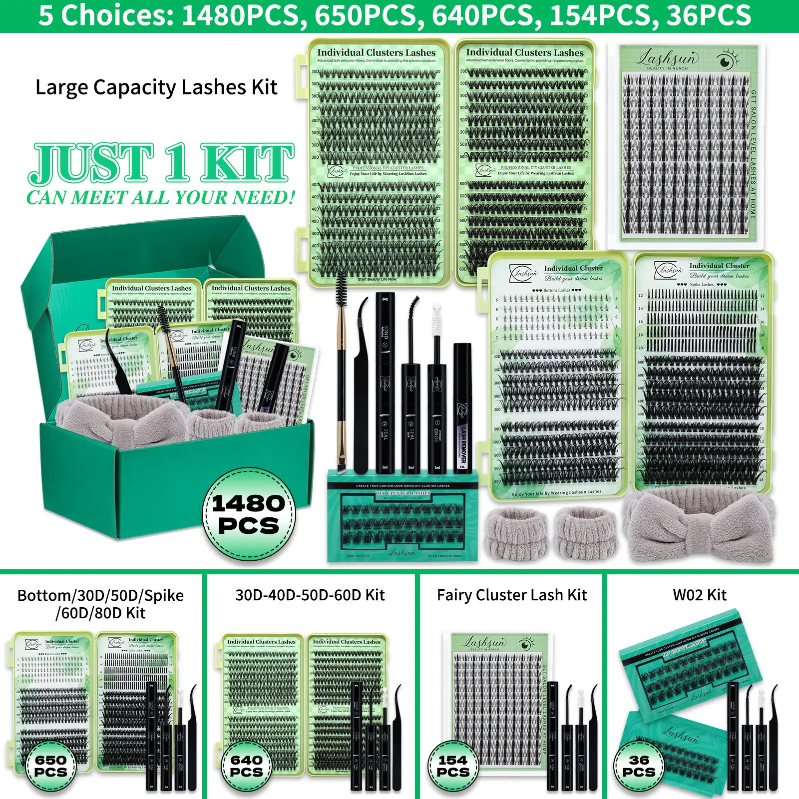 1480PCS/650PCS/640PCS Lash Clusters Kit D Curl 9 Styles Bottom/Spikes/Natural/Anime Lashes Kit with Bond&Seal Lash Remover Brush Lash Applicator Headband Wristband set, Lash Extensions Kit, Diy Lash Tools, For Beginners&Proficient