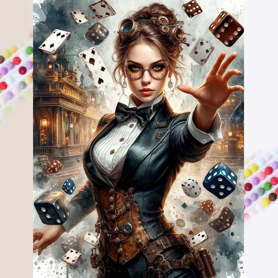 1Pc,5D DIY, Diamond Painting Kit, Diamond Art, Female, Dice, Cards, Mosaic Art, Full Drill, Round Drill, Diamond Art Kit, Decorative Artwork, Ideal for Home Decor and Creative Gifts.
