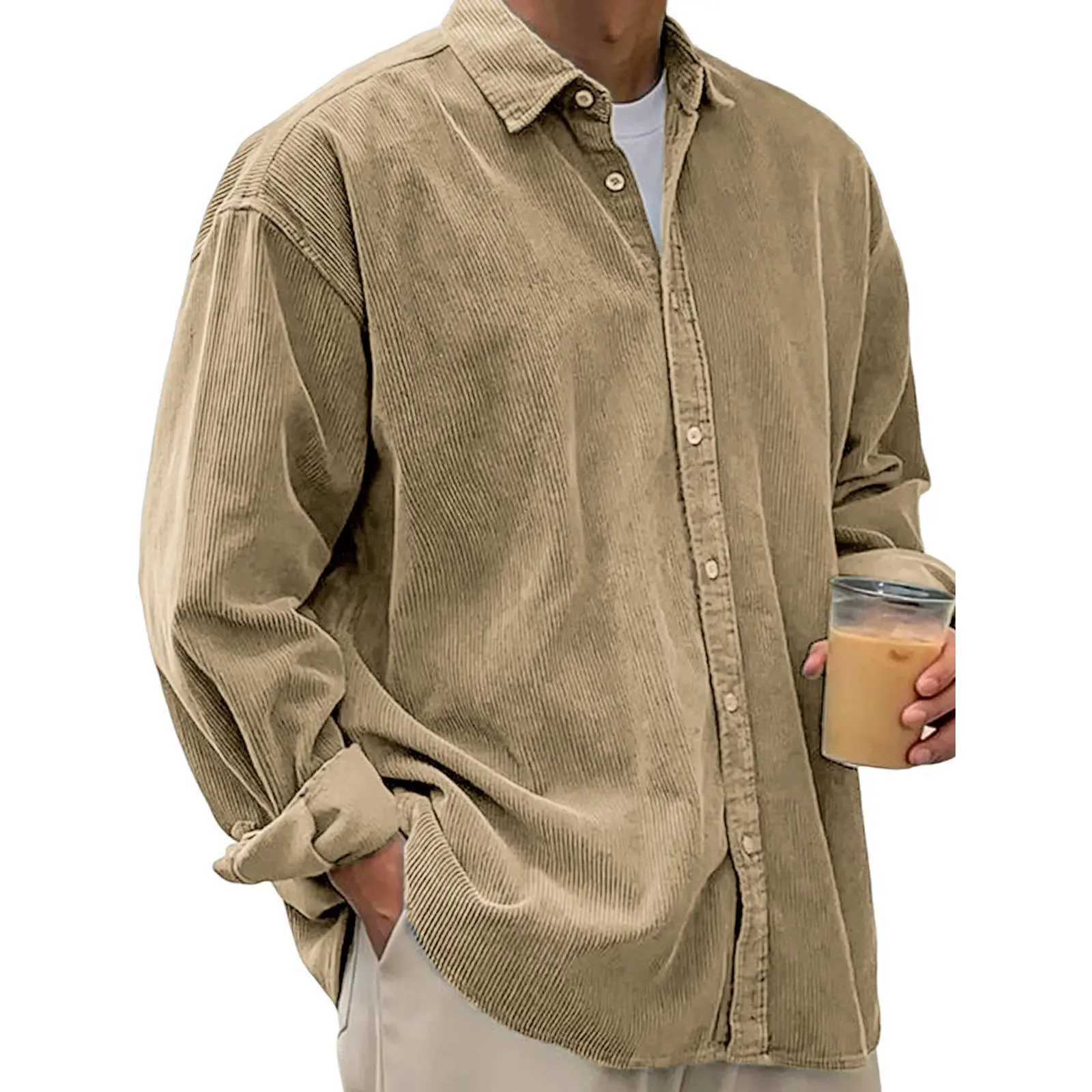 Men's Solid Color Corduroy Long Sleeve Shirt Loose Fit Casual Button Down Shirt Versatile Autumn Outerwear Shirt Can Be Worn As Light Jacket Retro Relaxed Fit Daily Casual Top Classic Lapel Men's Corduroy Shirt