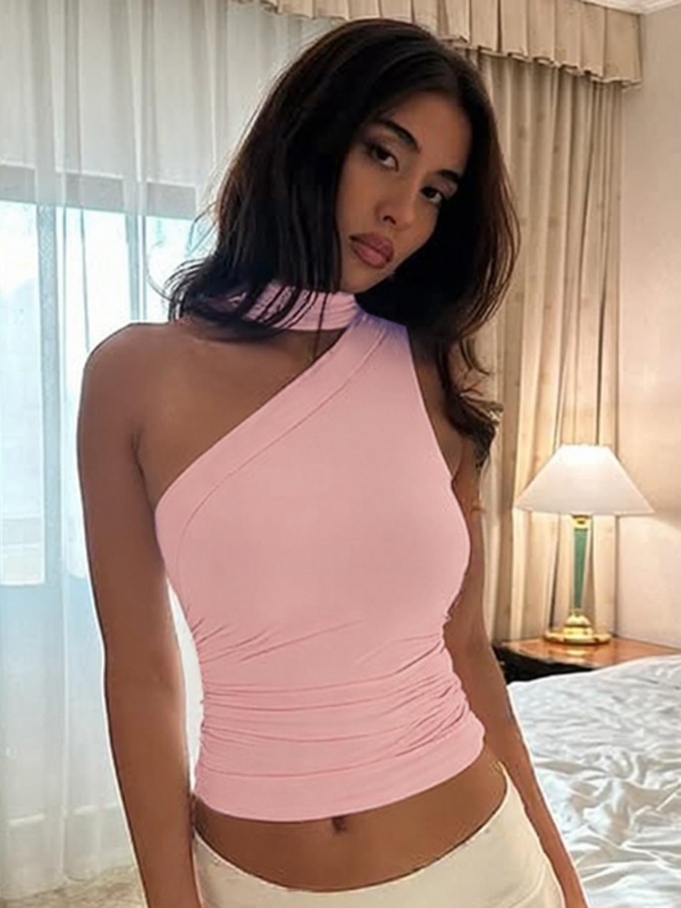 Women's Leopard Print Ruched One Shoulder Top, Fashion Casual Fitted Sleeveless Top for Daily Outdoor Wear, Ladies Clothes for Summer