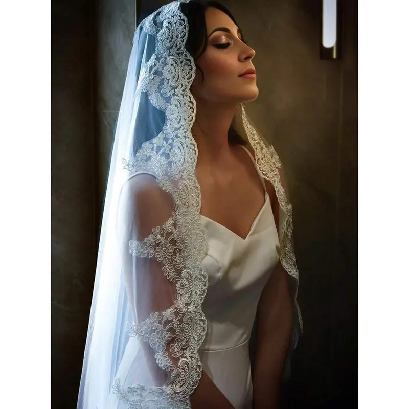 Cathedral Wedding Bridal Veil, 1 Layer, 3m Long Soft Tulle With Lace & Floral Trim, Vintage Wedding Accessory Without Comb For Bridal Veil Valentine's Day Valentines