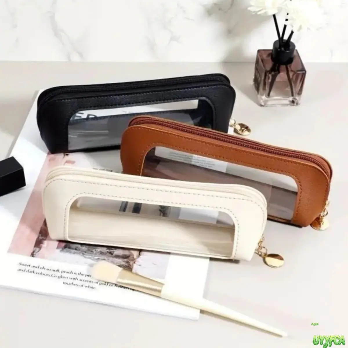 Faux Leather Clear Window Cosmetic Pouch, Double‑Zipper Compact Travel Makeup Bag, Portable Lightweight Organizer For Makeup Brushes, Cosmetics, Stationery, Daily Use And Outdoor Trips