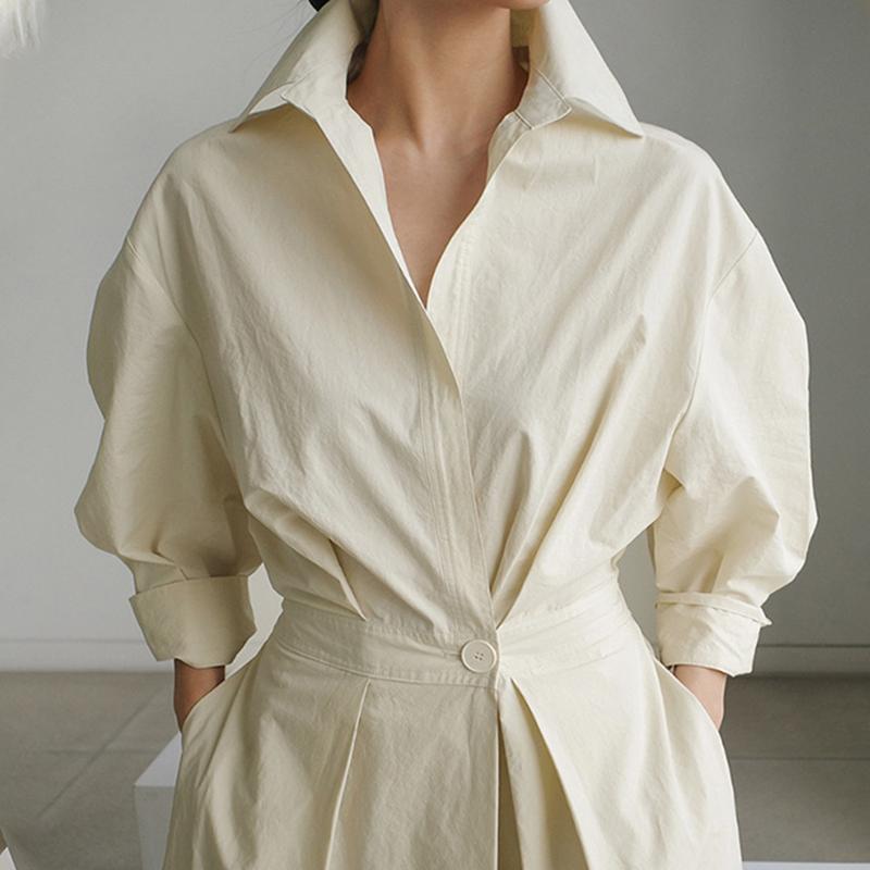 UOOZEE women's long-sleeved loose solid color lapel midi dress, waist design, comfortable and elegant, a must-have for commuting and formal occasions Midi Cloth, with pockets Modest Clothes