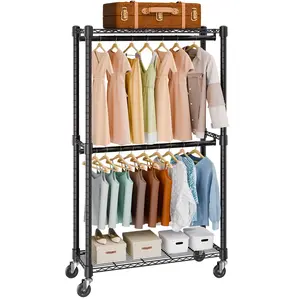 VEVOR Heavy Duty Clothes Rack, Double Hanging Rods Clothing Garment Rack with Bottom and Top Storage Tier, Rolling Clothing Rack for Hanging Clothes, 1'' Diameter Thicken Steel Tube Hold Up to 300Lbs