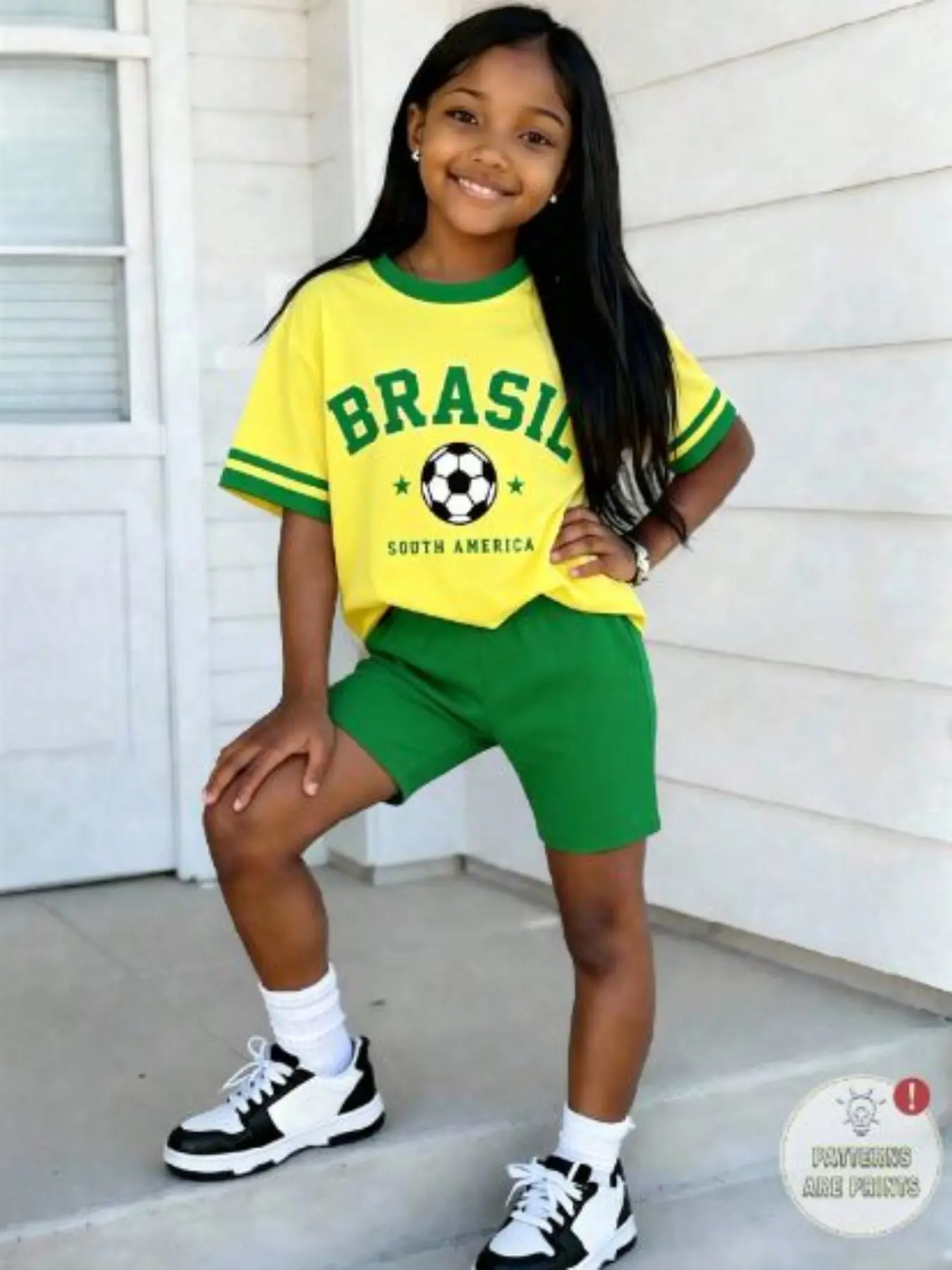 2-Piece Girls' Short Sleeve & Shorts Set, Sporty Tee Set, Brazilian Theme Colorblock Print, Casual Outdoor Sports Wear, Summer Beach Party, School